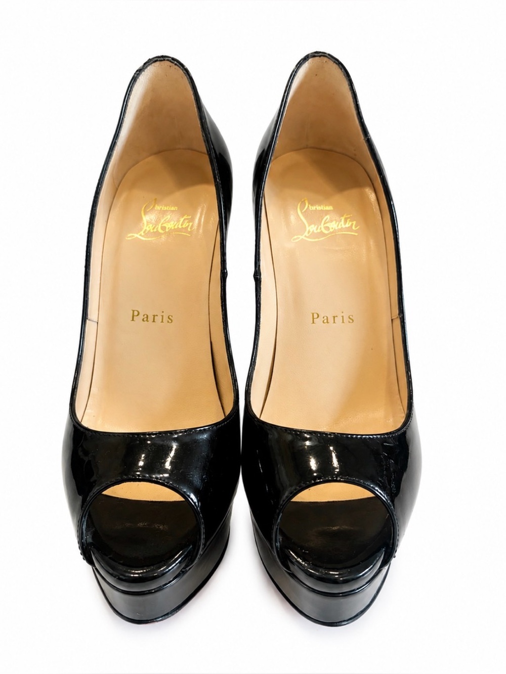 Christian Louboutin Black Patent Leather Lady Peep 150 Platform Pumps Size 37
